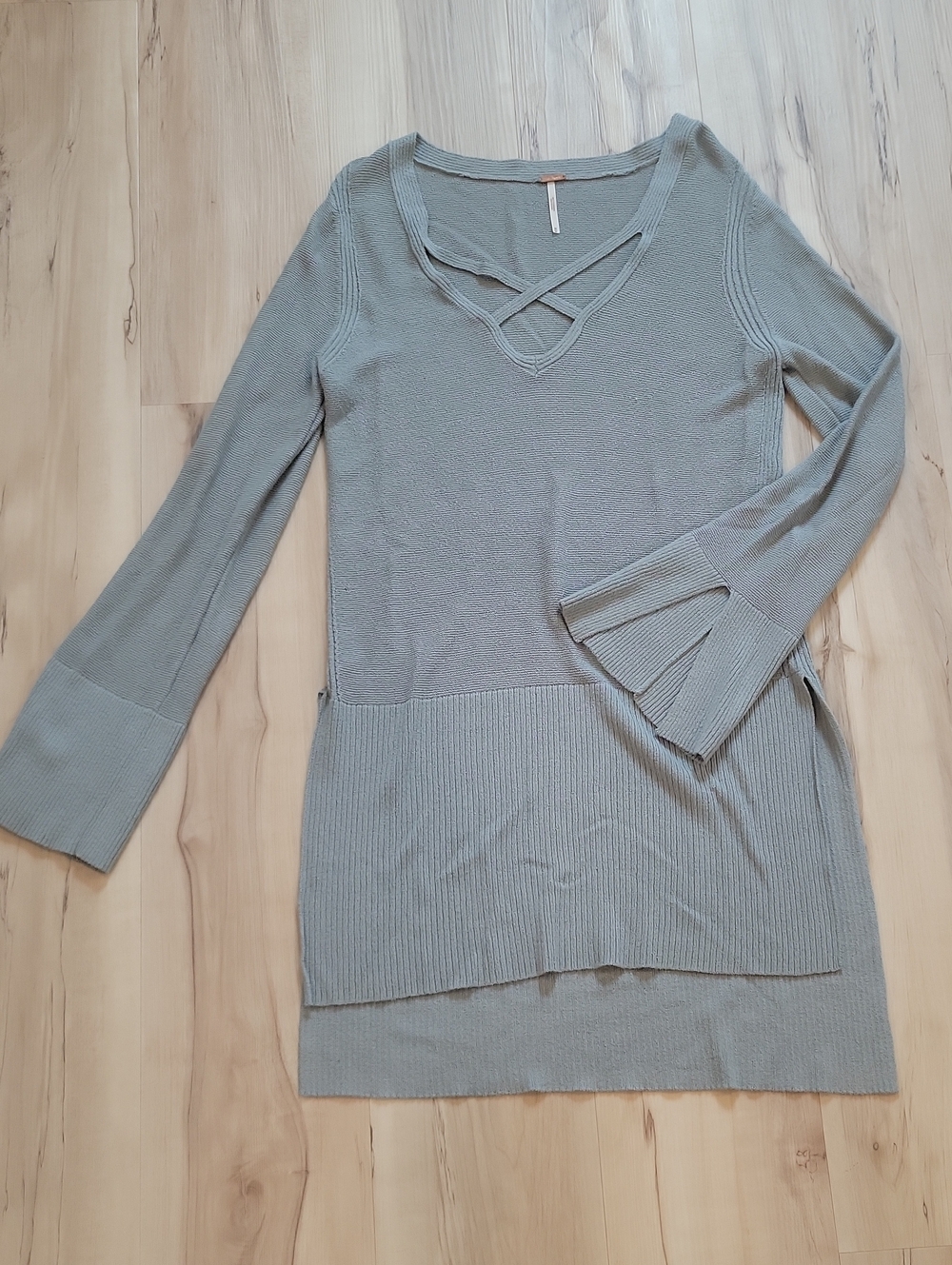 Free People Sage Green Ribbed Crisscross V-Neck Tunic Dress